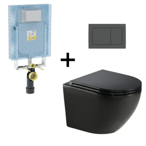 Toilet Wall Hung Mietre Strata Round 495 Pan and Seat Black Combo with Geberit Alpha Cistern and Geberit Alpha 01 Square Matt Black Actuator
