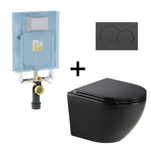 Toilet Wall Hung Mietre Strata Round Pan and Seat Black Combo with Geberit Alpha Cistern and Geberit Alpha 01 Round Matt Black Actuator