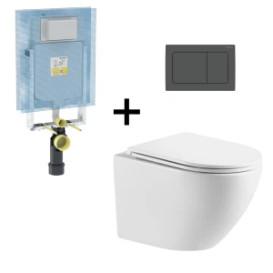 Toilet Wall Hung Mietre Strata Round 495 Pan and Seat White Combo with Geberit Alpha Cistern and Geberit Alpha 01 Square Matt Black Actuator