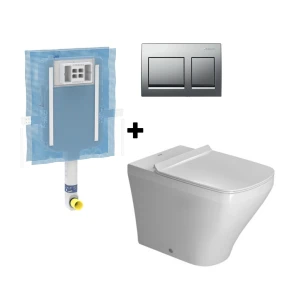 PLT-DURASTYLEBTWMAT Duravit Durastyle Back-To-Wall Toilet Pan and Seat White Combo with Geberit Alpha Floormount Cistern and Geberit Alpha25 Square Matt Chrome Actuator