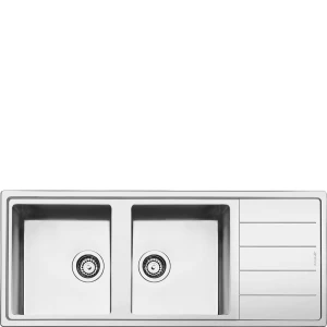 SMGS-LDR116SA Sink Drop-In Stainless Steel Smeg Mira Double Bowl 1160mm (L) x 500mm (W) x 215mm (H) with Reversible Drip Tray, Waste Set, Plumbing Kit and Overflow Kit
