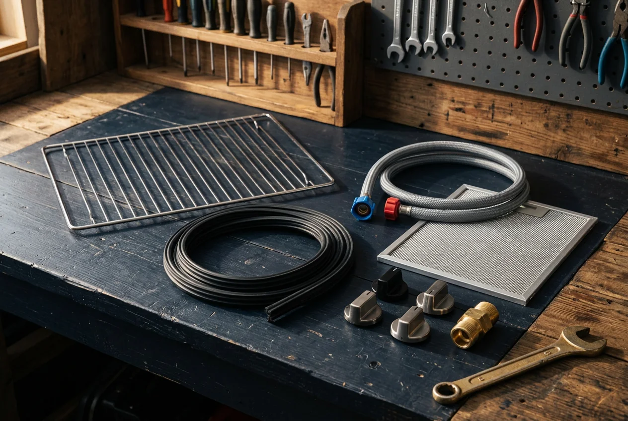 Appliance spare parts laid out on a workbench