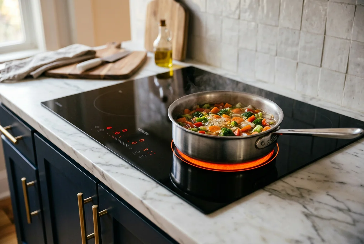 Induction hob with a pan cooking