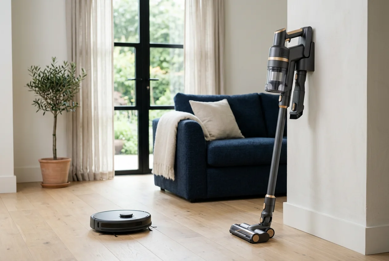 Cordless stick vacuum and robot vacuum in a living room